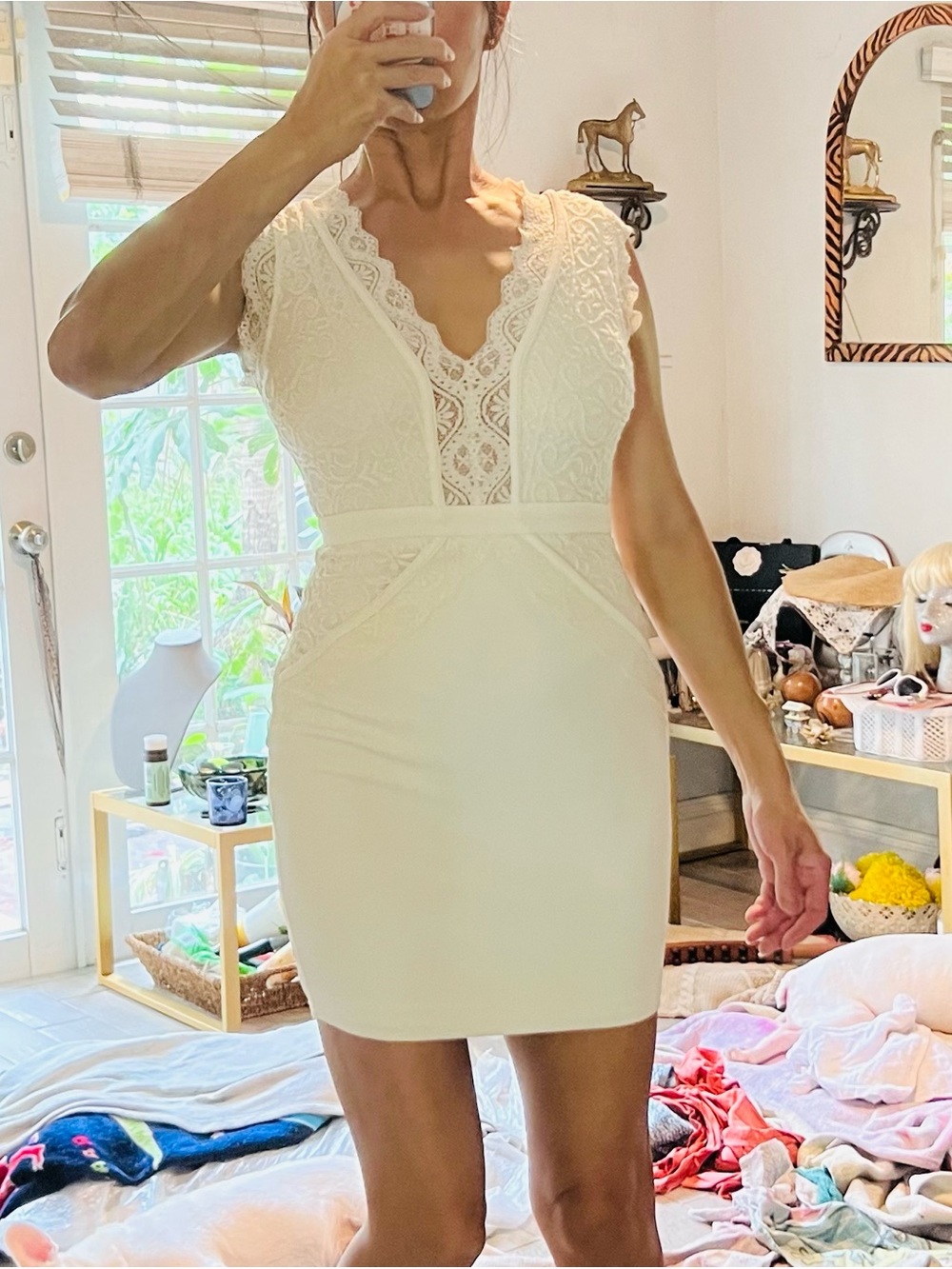Ivory / Cream Lace V-Neck Bodycon Mini Dress